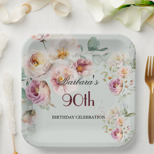 Assiettes En Carton Fête d'anniversaire élégante aquarelle florale 90 