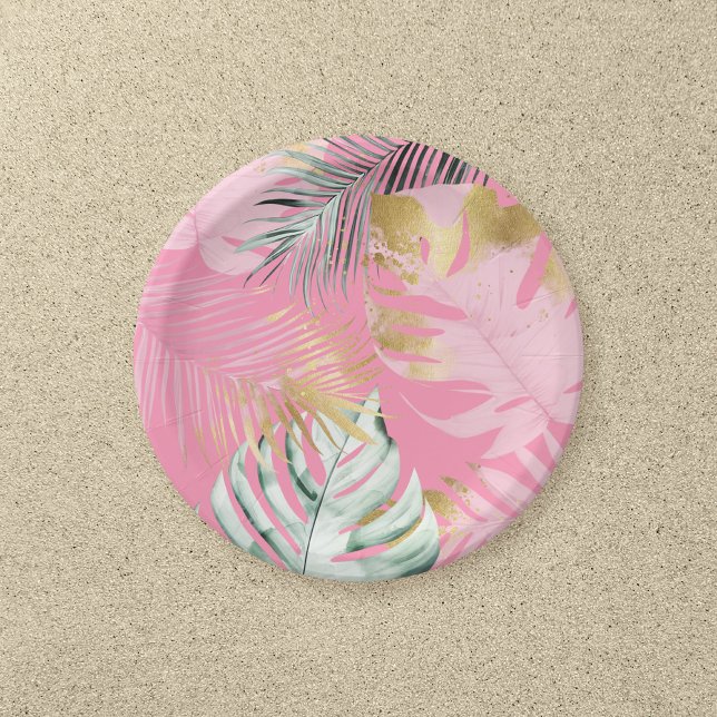 Assiettes En Carton Fête d'Anniversaire Feuille moderne rose & or Trop (Créateur téléchargé)