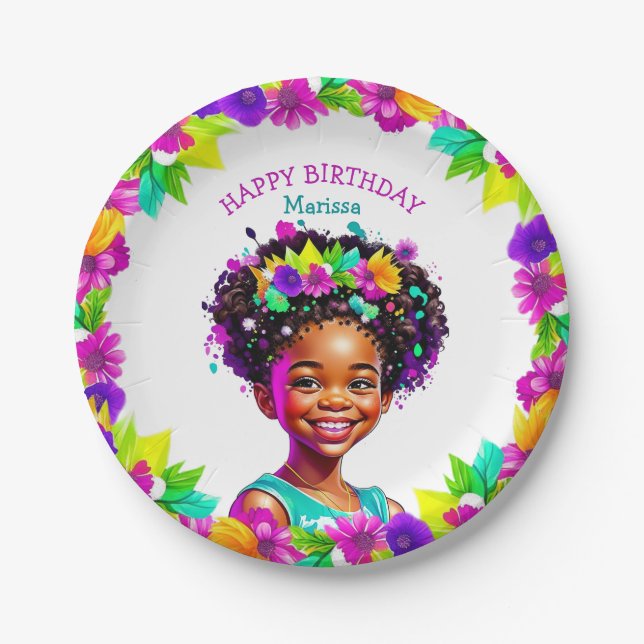 Assiettes En Carton Fête d'anniversaire Fille afro-américaine personna (Devant)