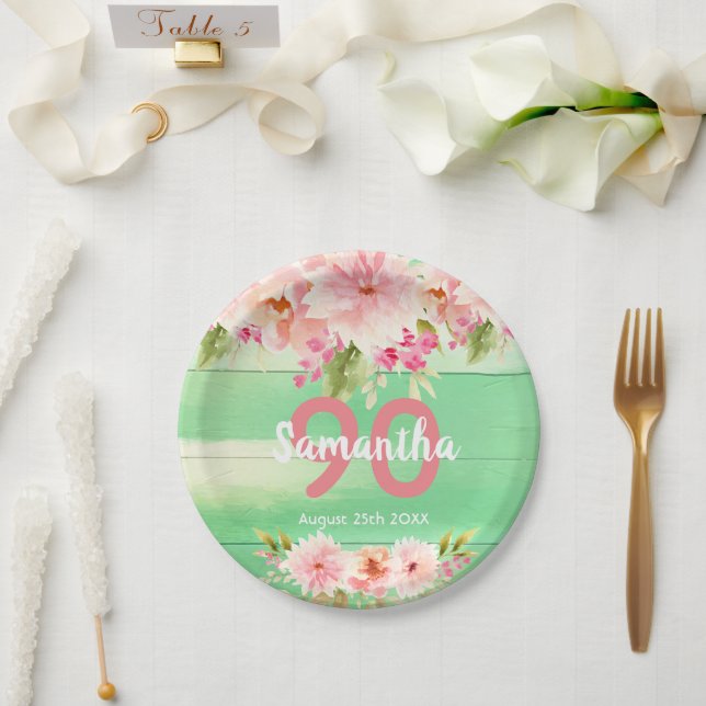 Assiettes En Carton Fête d'anniversaire fleuron vert bois (Mariage)