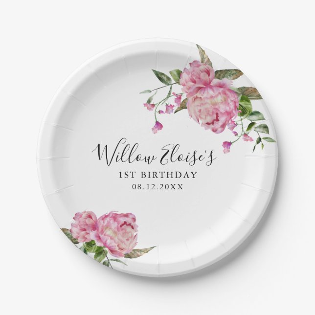 Assiettes En Carton Fête d'anniversaire Floral Rose (Devant)