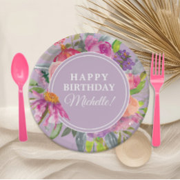 Assiettes En Carton Fête d'anniversaire florale aquarelle rose violet