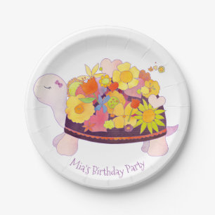 Assiettes En Carton Fête d'anniversaire florale de tortue