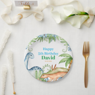 Assiettes En Carton Fête d'anniversaire florale Dinosaur bleu et vert