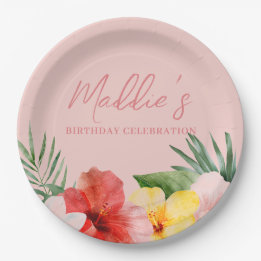 Assiettes En Carton Fête d'anniversaire florale hawaïenne pêche