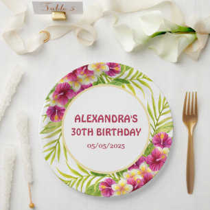 Assiettes En Carton Fête d'anniversaire florale tropicale rose Luau
