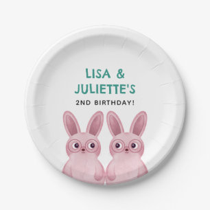 Assiettes En Carton Fête d'anniversaire jumeaux avec deux filles lapin