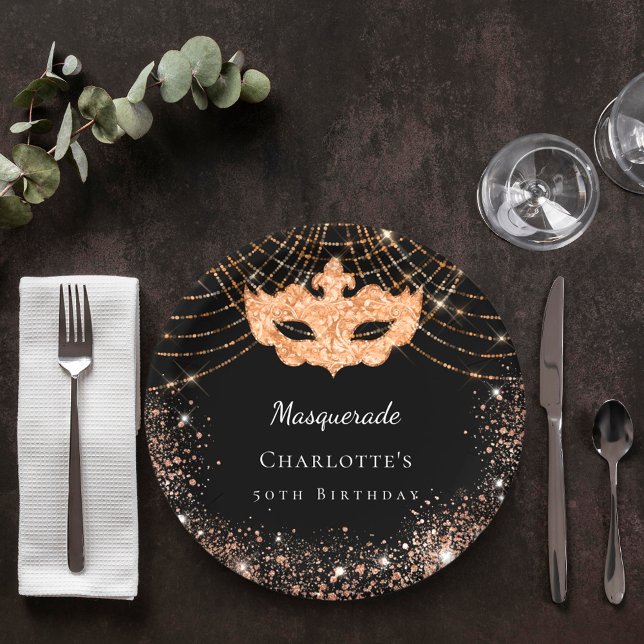 Assiettes En Carton Fête d'anniversaire Masquerade en or noir parties  (Créateur téléchargé)