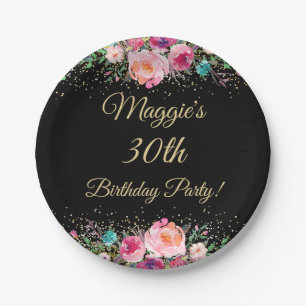 Assiettes En Carton Fête d'anniversaire noire florale d'aquarelle ros