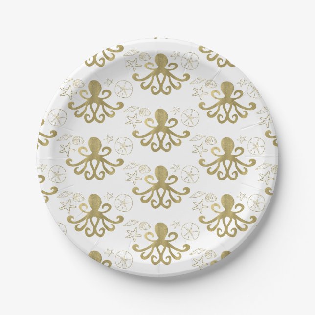 Assiettes En Carton Fête d'anniversaire Pieuvre dorée et Coquillages d (Devant)