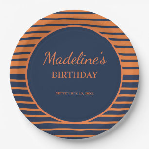 Assiettes En Carton Fête d'anniversaire rayée bleu marine orange