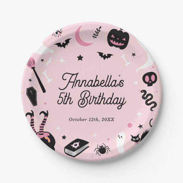Assiettes En Carton Fête d'anniversaire rose d'Halloween (Devant)