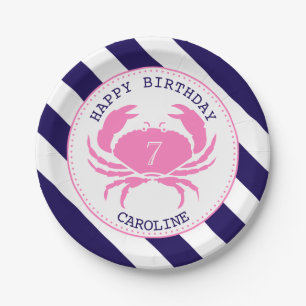 Assiettes En Carton Fête d'anniversaire rose nautique de crabe
