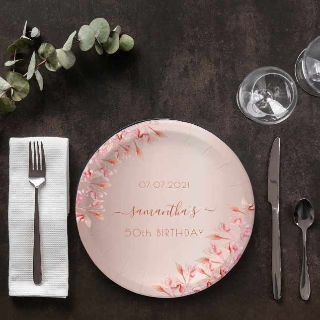 Assiettes En Carton Fête d'anniversaire rose or rose fleurons botaniqu (Créateur téléchargé)