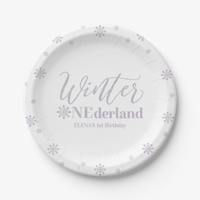 Assiettes En Carton Fête d'anniversaire Silver & Purple Winter Onederl (Devant)