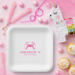 Assiettes En Carton Fête d'anniversaire simple rose pour fille gamer