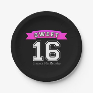 Assiettes En Carton Fête d'anniversaire sportive Black & Pink 16 ans