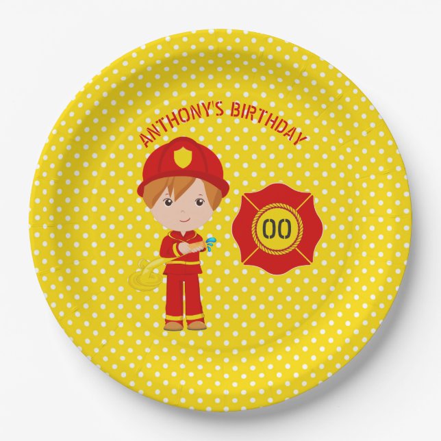 Assiettes En Carton Fête d'anniversaire sur le thème des pompiers pers (Devant)