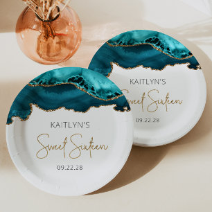 Assiettes En Carton Fête d'anniversaire Sweet 16 Bleu Turquoise Agate 