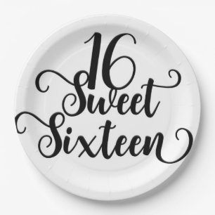 Assiettes En Carton Fête d'anniversaire Sweet 16 noir et blanc