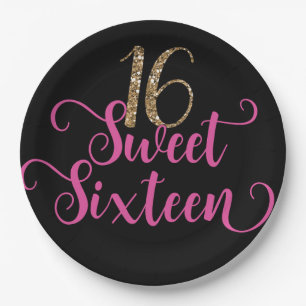 Assiettes En Carton Fête d'anniversaire Sweet 16 Paillettes dorées Ros
