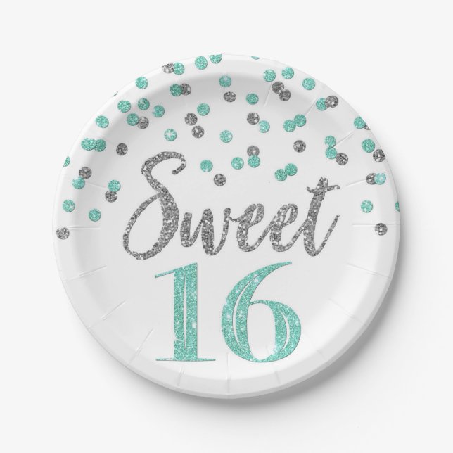 Assiettes En Carton Fête d'anniversaire Turquoise Silver Confetti Swee (Devant)