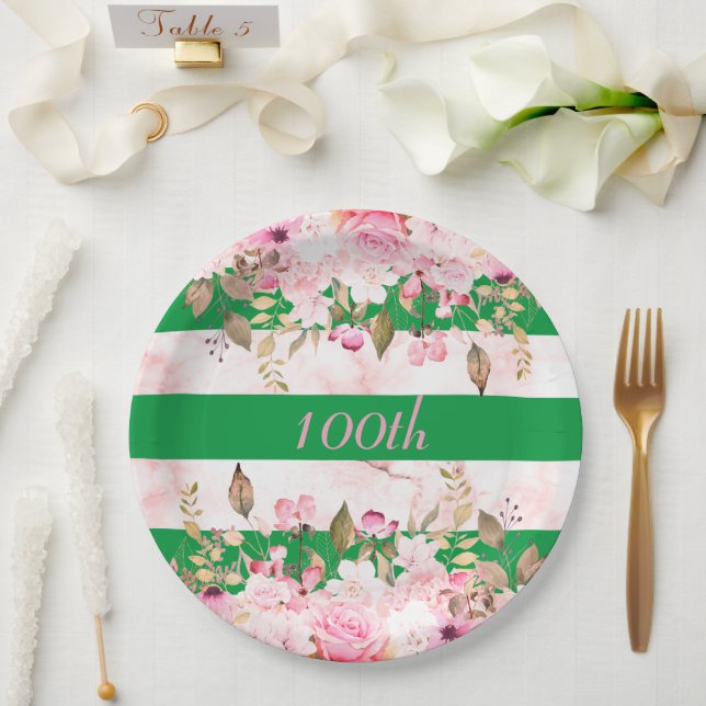 Assiettes En Carton Fête d'anniversaire Vert rose rayure florale (Mariage)