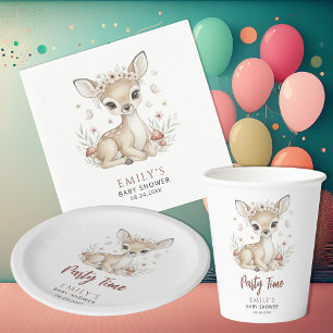 Assiettes En Carton Fête de Baby Shower Fille Cerf de la Forêt Rose