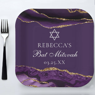Assiettes En Carton Fête de Bat Mitzvah Personnalisée Chic Violet Or
