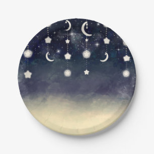 Assiettes En Carton Fête de Bébé Aquarelle Céleste Étoile Lunaire