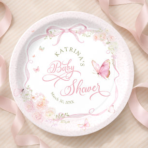Assiettes En Carton Fête de bébé fille florale papillon rose tendre