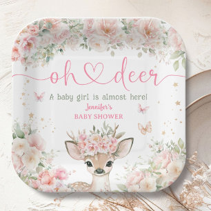 Assiettes En Carton Fête de Bébé Fille Papier Floral Rose 'Oh Cerf'