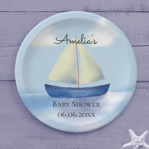 Assiettes En Carton Fête de Bébé Personnalisée Voilier Bleu