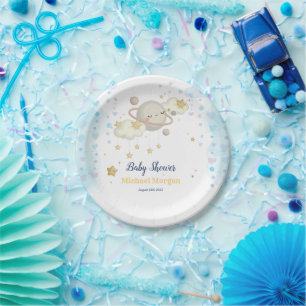 Assiettes En Carton Fête de Bébé Planète Étoiles Nuages Bleus