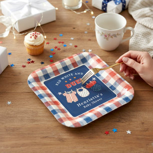 Assiettes En Carton Fête de bébé Rouge Blanc et À Venir