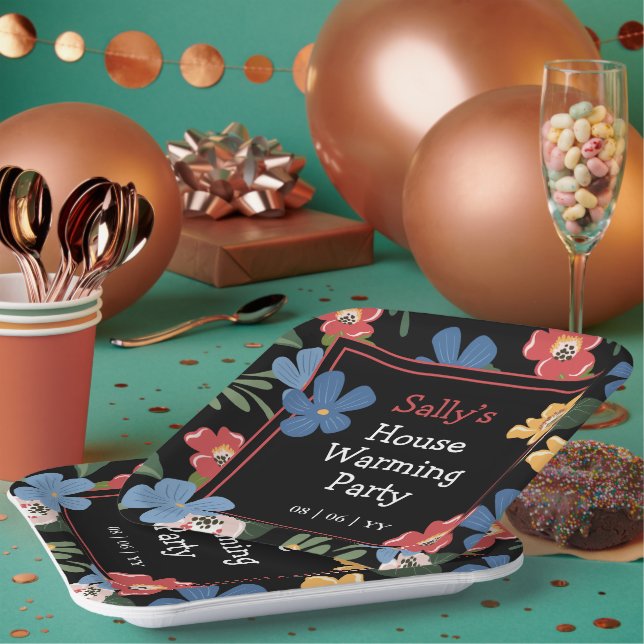 Assiettes En Carton Fête de Chauffage de Maison Florale Noire moderne (Multi)