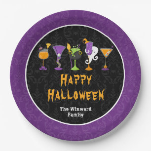 Assiettes En Carton Fête de cocktails et costumes d'Halloween violet