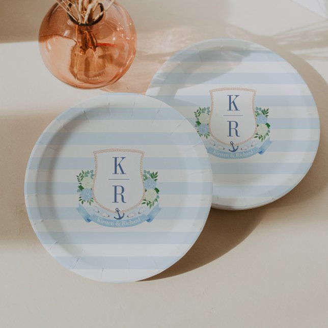 Assiettes En Carton Fête de douche de mariage élégant avec monogramme  (Elegant coastal monogram paper plates for beach theme wedding or couples shower party)