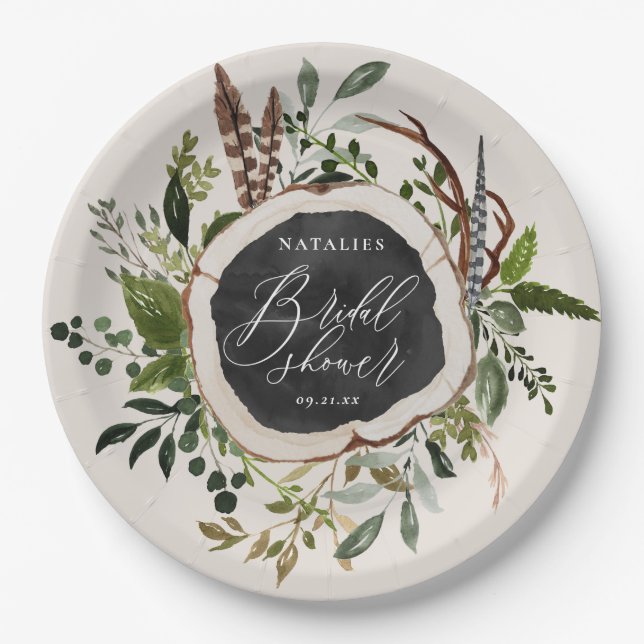 Assiettes En Carton Fête de douche nuptiale en tranches de bois rustiq (Devant)