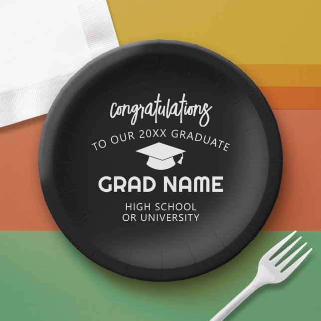 Assiettes En Carton Fête de graduation de script tendance - Noir (Custom Graduation Paper Plate)