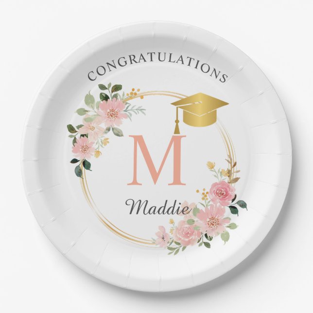 Assiettes En Carton Fête de graduation des filles roses personnalisées (Devant)