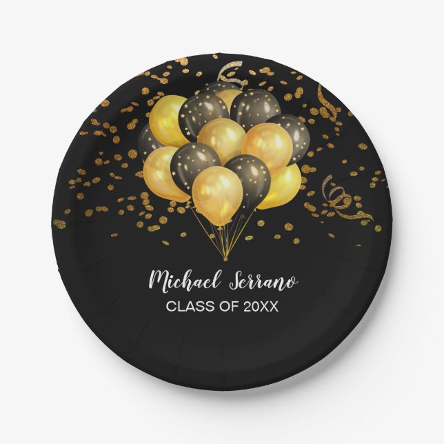 Assiettes En Carton Fête de graduation Gold et Black Balloons Confetti (Devant)