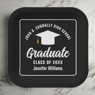 Assiettes En Carton Fête de graduation personnalisée en noir blanc
