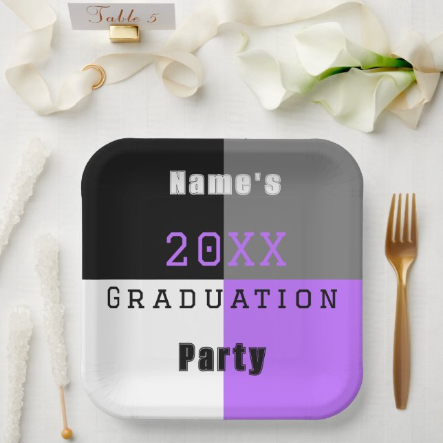 Assiettes En Carton Fête de graduation personnalisée violet noir et bl (Mariage)