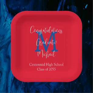 Assiettes En Carton Fête de graduation Rouge Blanc Bleu Nom Monogramme