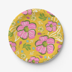 Assiettes En Carton Fête de jardin fleuri rose jaune d'été