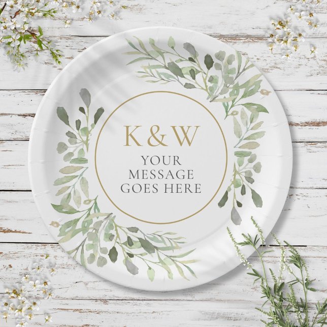 Assiettes En Carton Fête de la Gold Monogram Green Party (Gold Monogram Greenery Party Celebration Paper Plates)