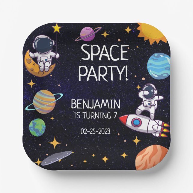 Assiettes En Carton Fête de l'espace à tout âge Anniversaire (Recto)