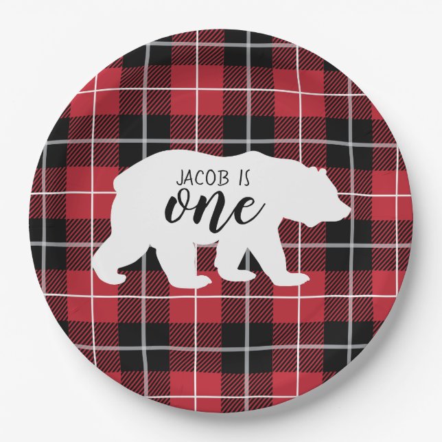 Assiettes En Carton Fête de l'ours sauvage Flannel Plaid Motif 1er ann (Devant)
