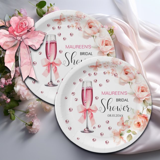 Assiettes En Carton Fête de mariage avec des roses roses poussiéreuses (Créateur téléchargé)